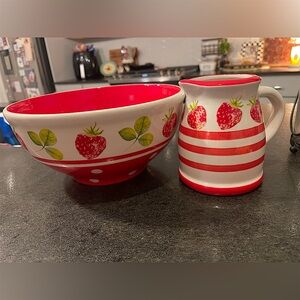 Red Strawberry Ceramic Mixing Bowl and Creamer Set